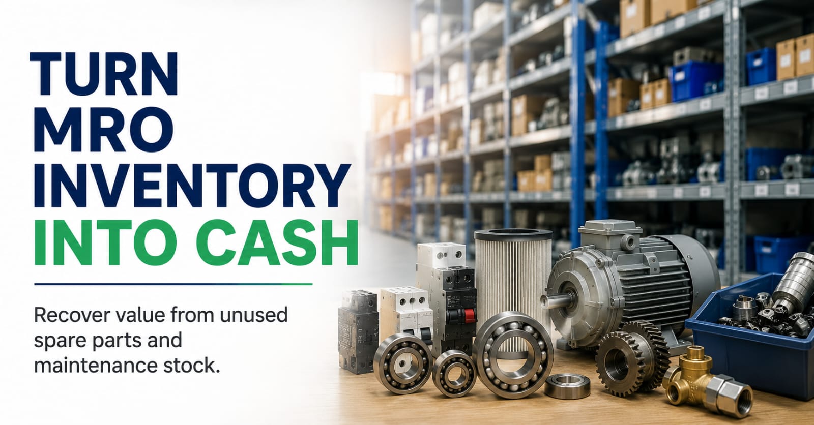 Saudi manufacturing facility with slow-moving MRO inventory, PLCs, drives, bearings, electrical components, and spare parts in storage