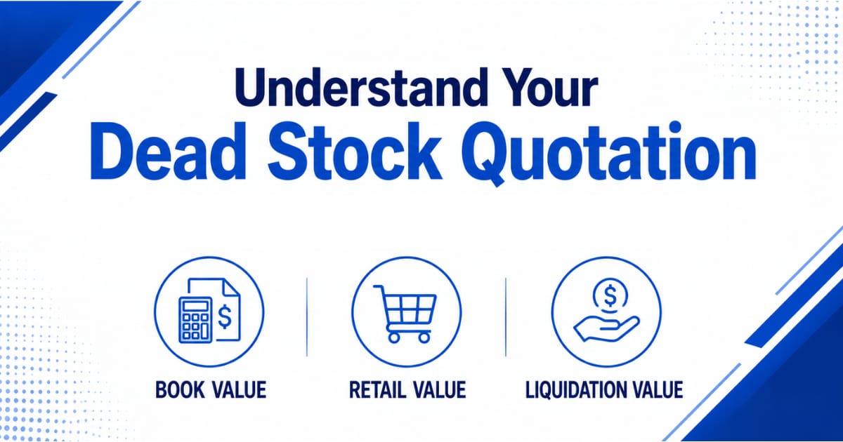 Business owner reviewing a dead stock quotation with book value, retail value, and liquidation value comparison before selling inventory in the UAE