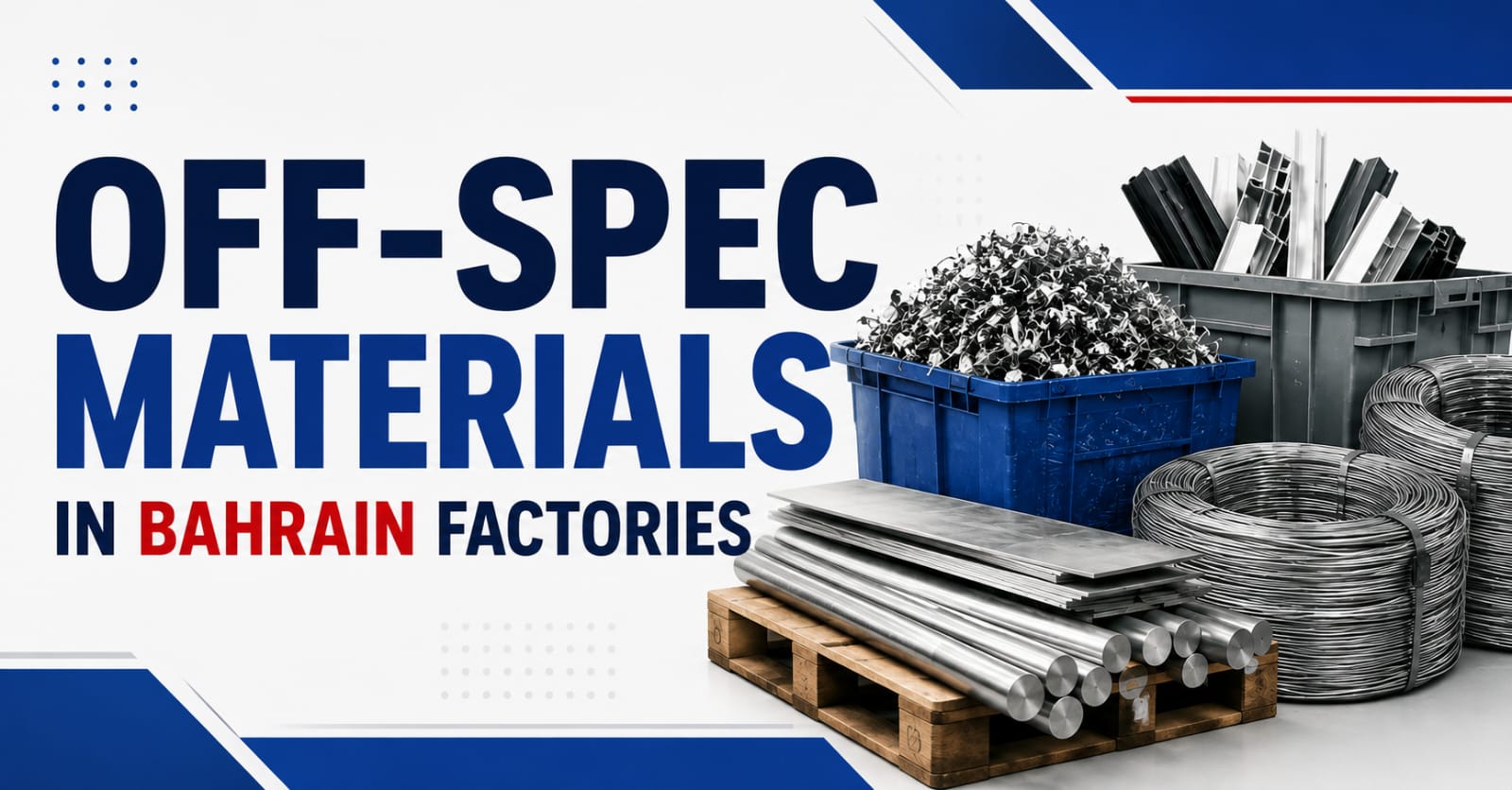 Off-spec aluminium profiles, metal bars and surplus manufacturing materials in a Bahrain factory