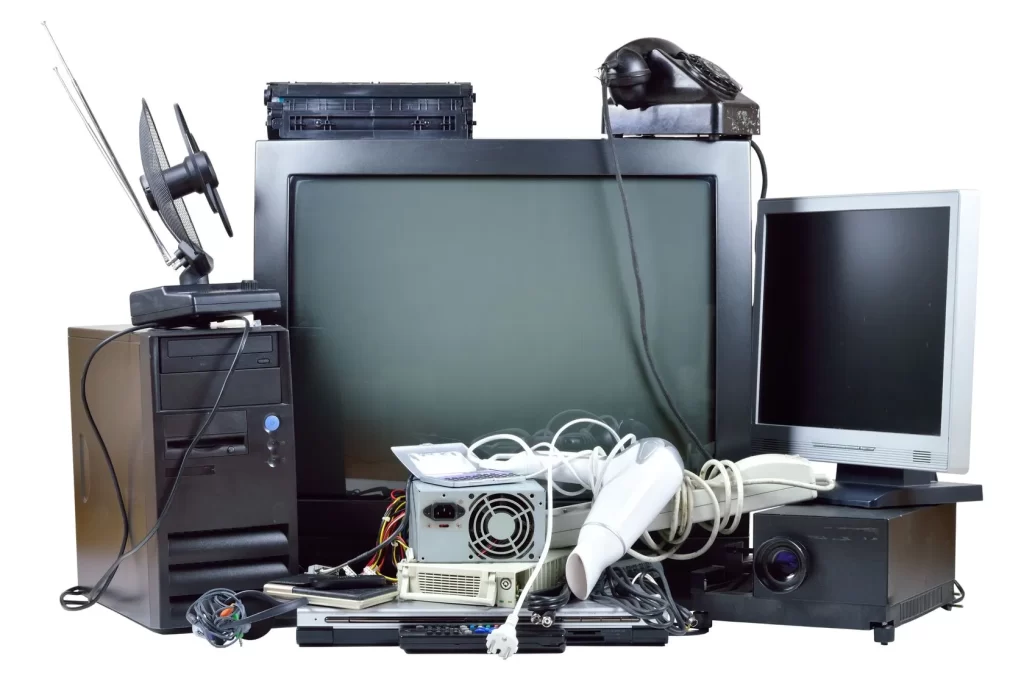 E-waste products, including old computers, laptops, mobile phones, printers, monitors